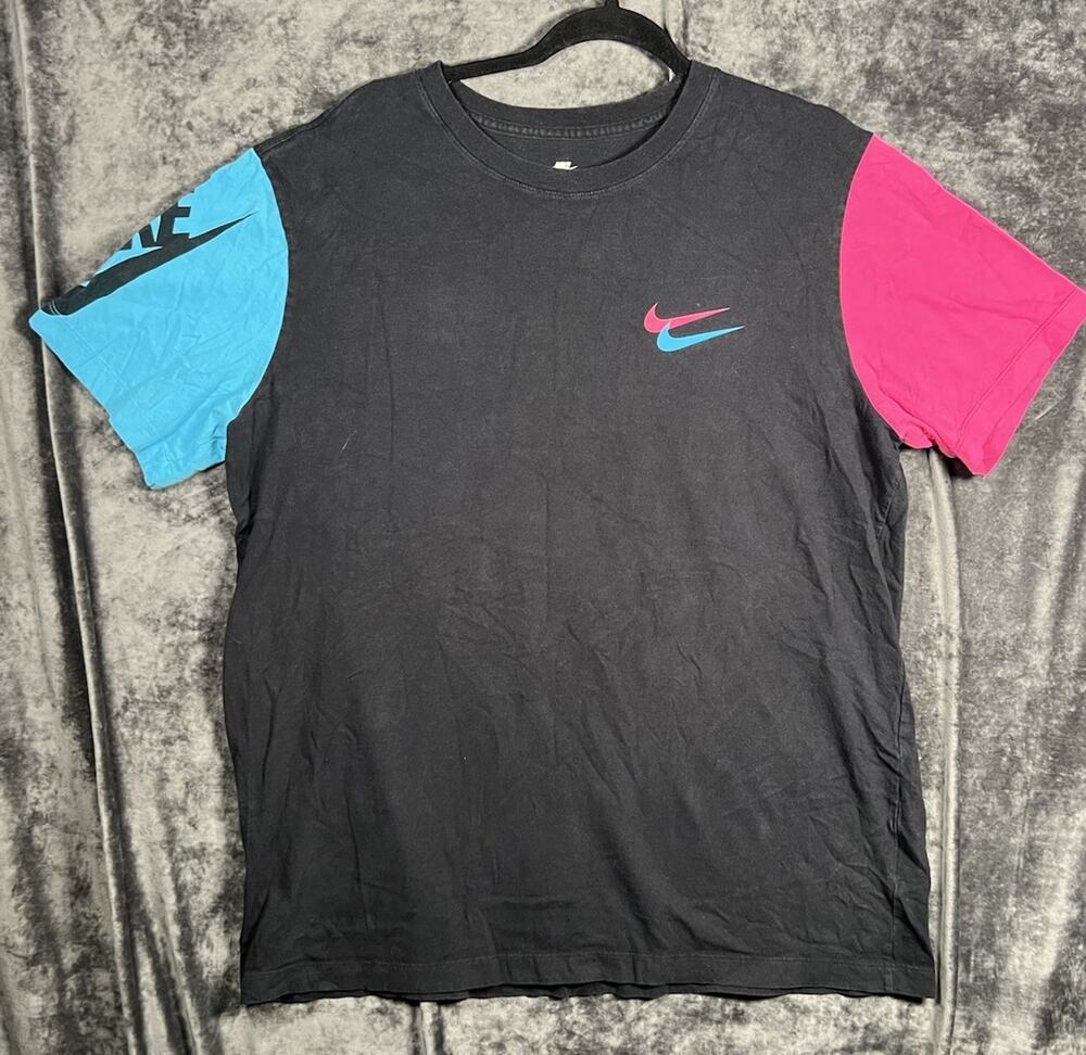 Nike Tee T-Shirt Mens M Black Blue Pink Colorblock Swoosh Spellout Retro